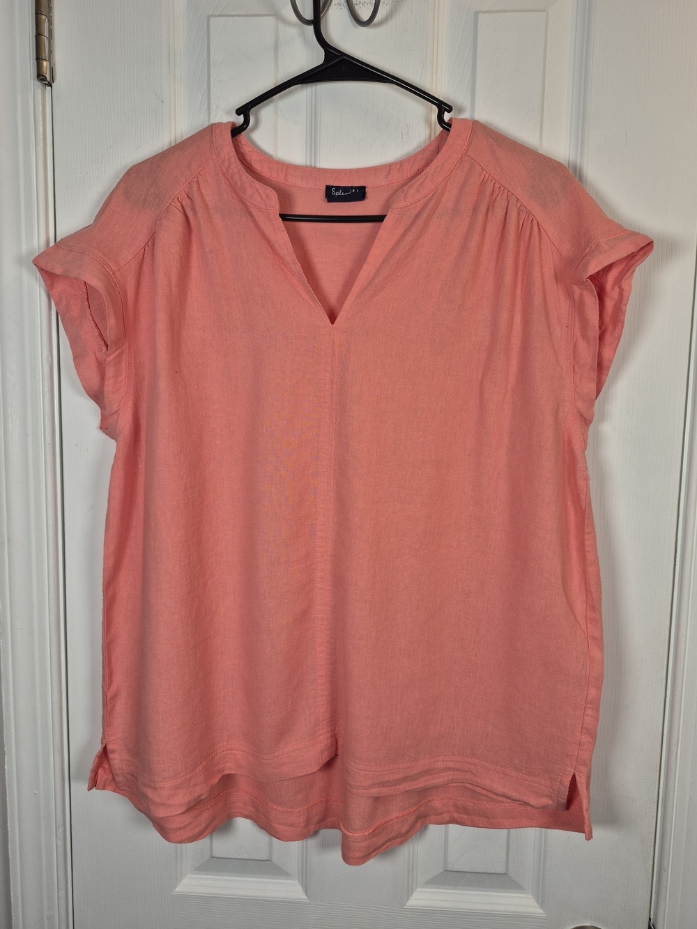Splendid Coral Orange Linen Blend V-Neck Cap Sleeve Top Blouse Women's Size L